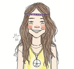 A vector illustration showing a little girl dressed up as a hippie in a cool and fun way. Suitable for graphic designs and emotional illustrations.