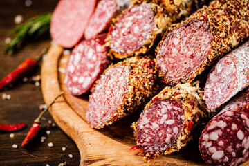 Different types of salami sausage on a wooden cutting board. 