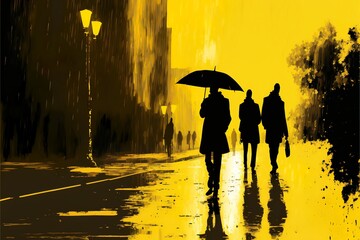 Pedestrians silhouette in a crowded city background silhouette with big buildings, with a yellow gradient color theme on a rainy day