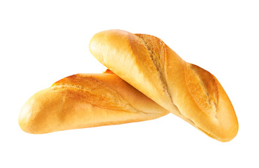 Close up of two fresh french mini baguettes isolated on white background.