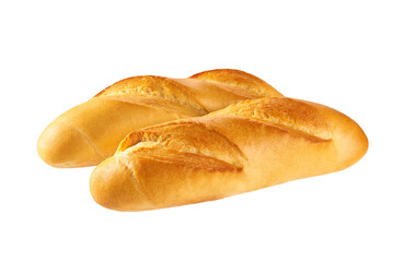 two fresh crunchy french baguette breads isolated on white.
