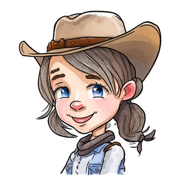 Portrait of a young girl dressed as a cowgirl in the American Wild West, vector illustration with bright colors for an old-fashioned adventure atmosphere.