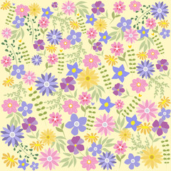 Fondo floral en tonos amarillos, lila y rosa.