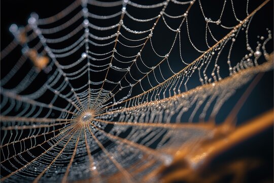  A Spider Web With Dew Drops On It's Webs And A Black Background With A Yellow Light In The Center Of The Web.  Generative Ai