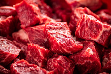 Pieces of raw beef. Macro background. 