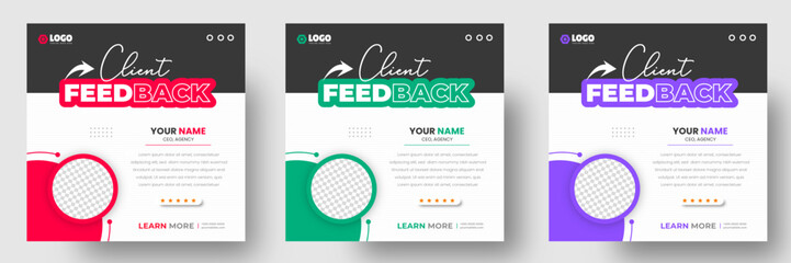 client feedback social media post banner. Customer feedback testimonial social media post web banner template. client testimonials social media post banner design template with red and blue color. 