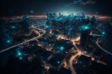 Night city Cyber punk landscape concept. Light glowing on dark scene. Night life. Technology network for 5g. Beyond generation and futuristic of Sci-Fi Capital city and building scene. Generative AI.