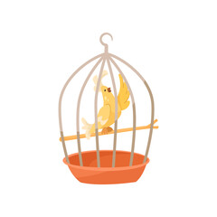 Comic parrot waving inside metal cage vector illustration. Cartoon drawing of domestic bird character sitting on perch or branch isolated on white background. Nature, pets concept