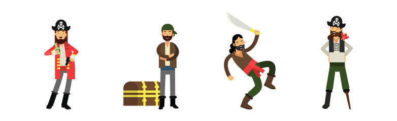 Bearded Man Pirate in Hat with Saber Vector Set