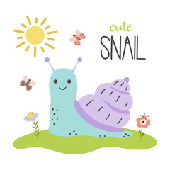 cartoon card with cute snail, flat style