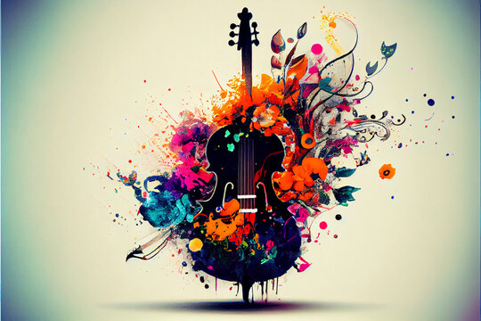 Abstract Illustration, Musical Instruments Combined With Flowers. AI Generated. Aquarel Style.