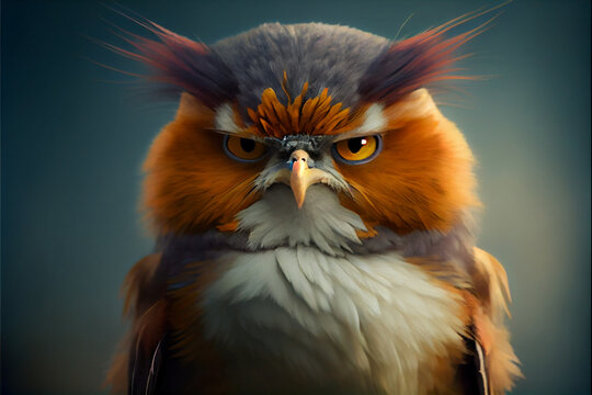 Funny angry little bird in colored feathers. AI generated.