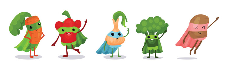 Funny Vegetables Wearing Superhero Cloak Vector Set