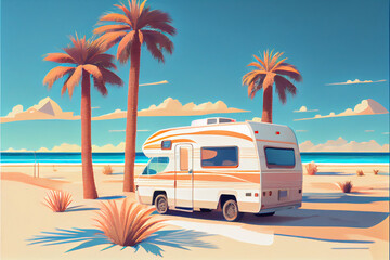 Campervan, motorhome. Autotourism concept. Campervan on the beach under palm trees. Abstract illustration AI generated.