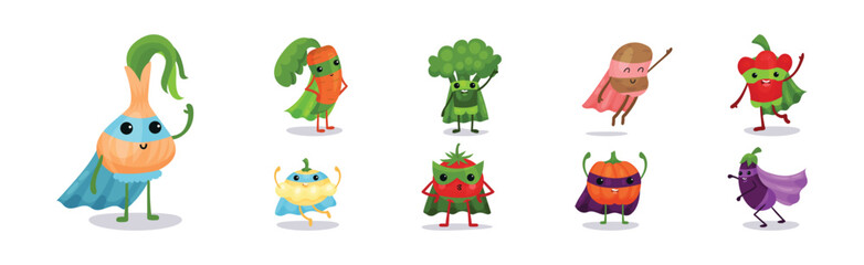 Funny Vegetables Wearing Superhero Cloak Vector Set