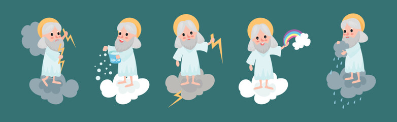 God Character Sitting on Cloud Doing Different Activity Vector Set
