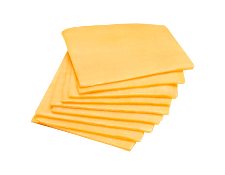 Sliced cheddar cheese isolated on transparent layered background.