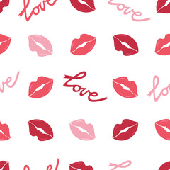 Seamless pattern with female lip prints and Love text for Valentine's Day. Lipstick print for Kisses Day. Vector image in a flat design.