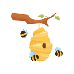 Bees flying around beehive vector illustration. Honey production, cartoon drawing of insects near hive hanging on tree branch isolated on white background. Insects, beekeeping, farming concept