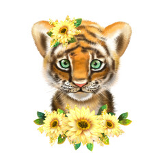 Watercolor naturalistic tiger cub with flower wreath, illustration little tiger, tiger cub head, safari animal, african animal