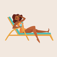 Woman on lounger with drink vector illustration. Cartoon drawing of girl in swimsuit with cocktail isolated on beige background. Summer, vacation or holiday, outdoor activity concept