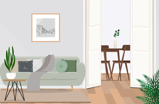 Stylish scandinavian living room with design mint sofa, furnitures, plants and elegant personal accessories.