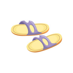 Pair of rubber beach sandals for vacation or holiday on white background. Colorful summer sandals cartoon illustration. Footwear, fashion, recreation, shoes concept