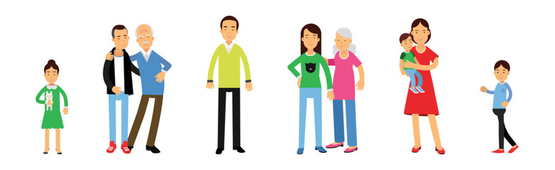 Standing People Parent and Kids Smiling Vector Set