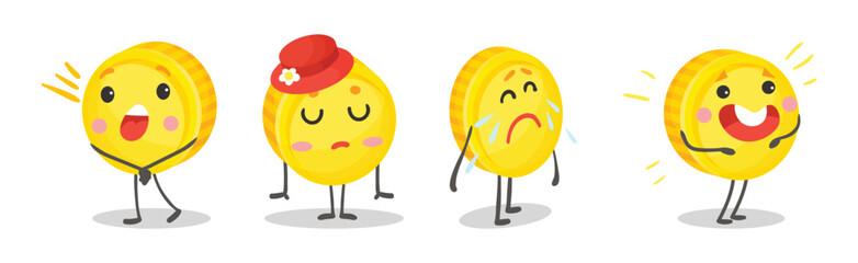 Cute Funny Coins Humanized Characters Showing Various Emotions Vector Set