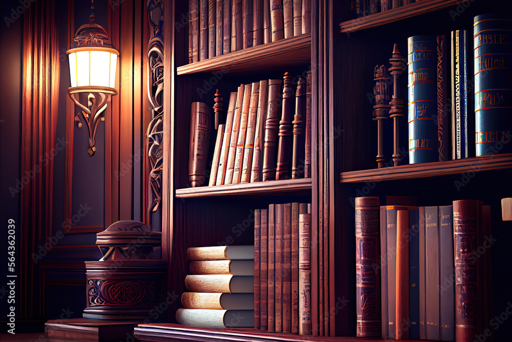Poster 3d render of a beautiful shelf with books. generative ai