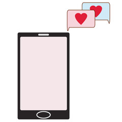 Simple flat black smart phone with pink empty screen and dialogue with heart messages