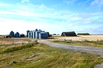 Fototapeta na wymiar a farm with new silos and a co;;apsed barn