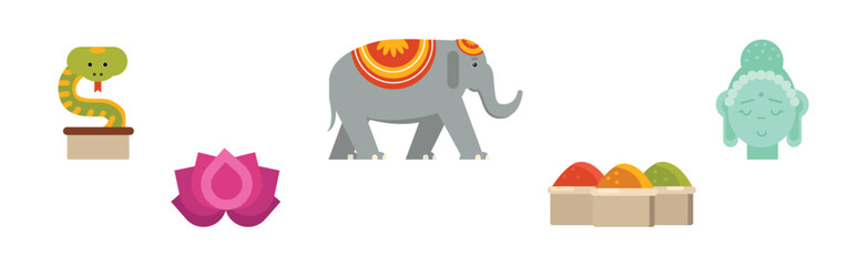 Indian Traditional Symbols with Lotus Flower, Deity Statue and Elephant Vector Set