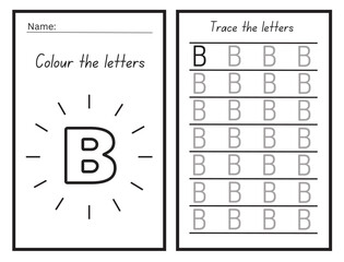 letter B coloring and tracing practice Worksheet for learning the alphabet Exercises handwriting practice Vector Illustration