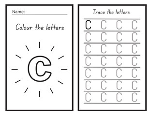 letter C coloring and tracing practice Worksheet for learning the alphabet Exercises handwriting practice Vector Illustration