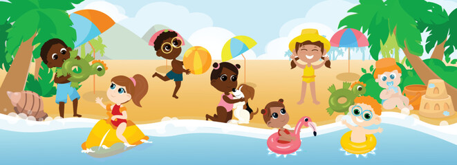 Multicultural group of children playing on the seashore, playing water battle with water pistols, swimming in inflatable circles and on a water scooter, playing with a dog. 