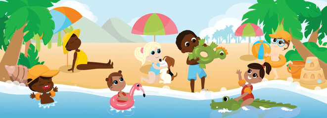 A multicultural group of children play on the beach, frolic with a dog, swim in inflatable rings and inflatable sleeves and sunbathe. Children are happy and cheerful. Horizontal banner.