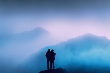 A romantic couple hugging, holding hand, and kissing with blue mountain landscape romantic valentines love scene in generative ai