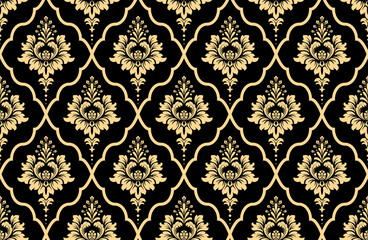 Wallpaper in the style of Baroque. Seamless vector background. Gold and black floral ornament. Graphic pattern for fabric, wallpaper, packaging. Ornate Damask flower ornament