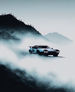 Rally car painting over mountain track, powerful minimalism image painting with blue mountains fog with generative ai