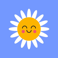 Happy white chamomile character with smiley face on blue background. Daisy with cute face cartoon illustration. Flowers, greeting concept