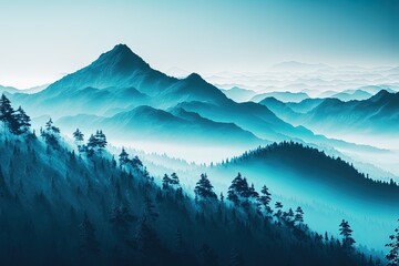 Fototapeta na wymiar A blue mountain painting, a beautiful landscape hand painting in generative ai image design