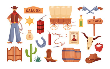 Wild West icons. Vector set of western Texas with cowboy, hat, wooden signboard, cactus, dynamite, gun, wanted poster, sheriff badge, cow skull, tequila, horseshoe. Collection for game, web, stickers