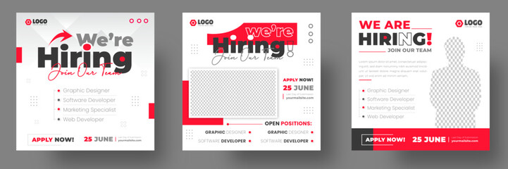 We are hiring job vacancy social media post banner design template with red color. We are hiring job vacancy square web banner design.