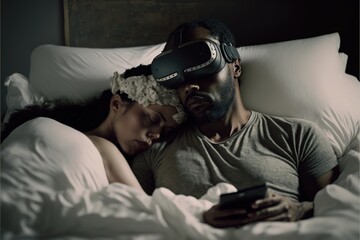 Fototapeta premium Couple in bed with VR headset illustration generative ai