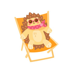 Funny cartoon character hedgehog sunbathing on lounge chair isolated on white background. Cute comic animal relaxing on beach vector illustration. Summer, holiday, wildlife concept