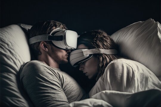 Couple in bed with VR headset illustration generative ai