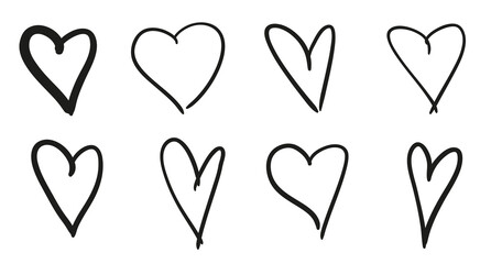 Hand drawn hearts on isolated white background. Set of love signs. Black and white illustration. Sketchy elements for design
