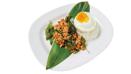 Stir fried Thai basil with minced pork and fried egg on white background.