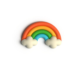3d rainbow with clouds on a transparent background. Cute rainbow of 4 colors: orange, yellow, green, blue. Vector Illustration of 3d Render in minimal style. PNG image